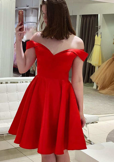 A-line Off Shoulder Sweetheart Short Mini Red Satin Homecoming Dress