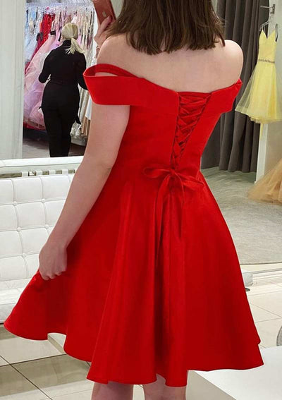A-line Off Shoulder Sweetheart Short Mini Red Satin Homecoming Dress