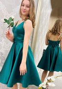 A-line V Neck Sleeveless Lace-up Satin Short Mini Homecoming Dress