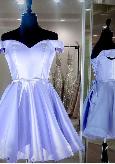 A-line Off Shoulder Sleeveless Lavender Charmeuse Short Mini Homecoming Dress