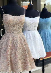 A-line Scoop Neck Sleeveless Blue Lace Short Mini Homecoming Dresses