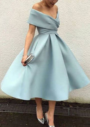 Ball Gown Off Shoulder Sleeveless Satin Tea-Length Homecoming Dress, Pleated