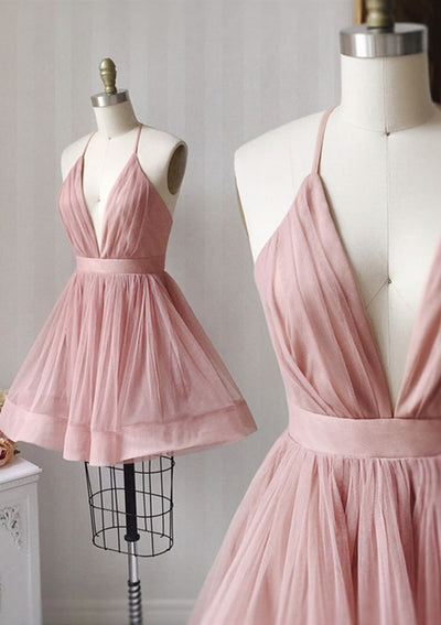 A-Linie, tiefes, ärmelloses, staubiges rosa Tüll-Kurz-Minikleid für die Heimkehr, plissiert