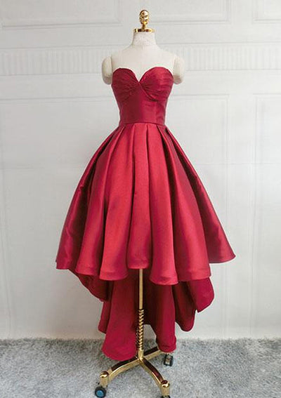 A-line Sweetheart Sleeveless Burgundy Satin Asymmetrical Homecoming Dress, Pleated