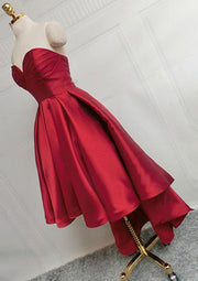 A-line Sweetheart Sleeveless Burgundy Satin Asymmetrical Homecoming Dress, Pleated