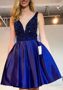 A-line Plunge Sleeveless Royal Blue Taffeta Short Mini Homecoming Dress, Beaded Sequins