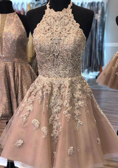 Mini-robe de soirée courte en dentelle, coupe trapèze, col licou, sans manches, perles