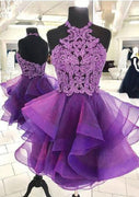 Halter Sleeveless Purple Organza Ruffled Short Mini Homecoming Dress, Beading Lace