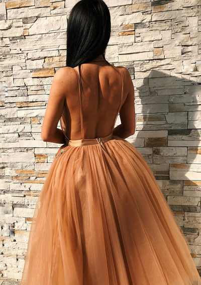 Ball Gown V Neck Knee-Length Brown Tulle Homecoming Dress, Embroidery