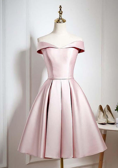 Mini robe de soirée courte en satin rose perle, épaules dénudées, sans manches