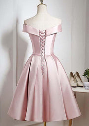 A-line Off Shoulder Sleeveless Pearl Pink Satin Short Mini Homecoming Dress
