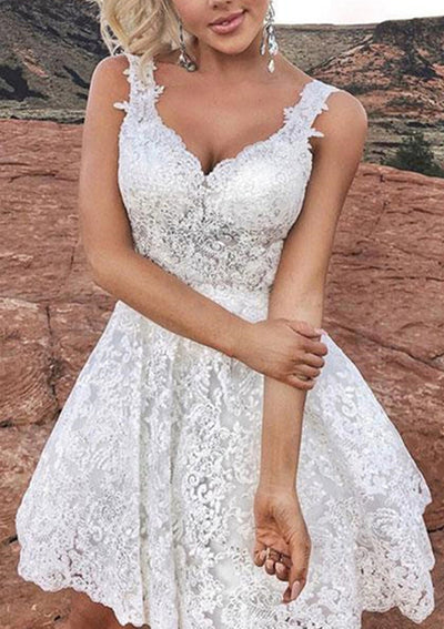 A-line V Neck Sleeveless Ivory Lace Short Mini Homecoming Dress