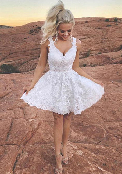 A-line V Neck Sleeveless Ivory Lace Short Mini Homecoming Dress