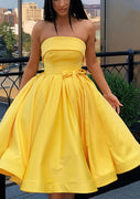 Strapless Sleeveless Yellow Satin Ball Gown Tea-Length Homecoming Dress, Sash