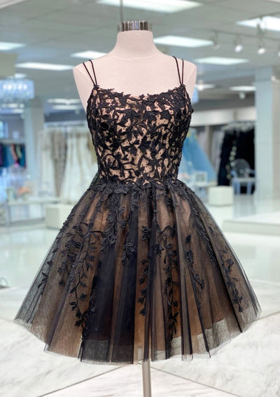A-line Scoop Sleeveless Straps Black Lace Tulle Short Mini Homecoming Dress, Beading