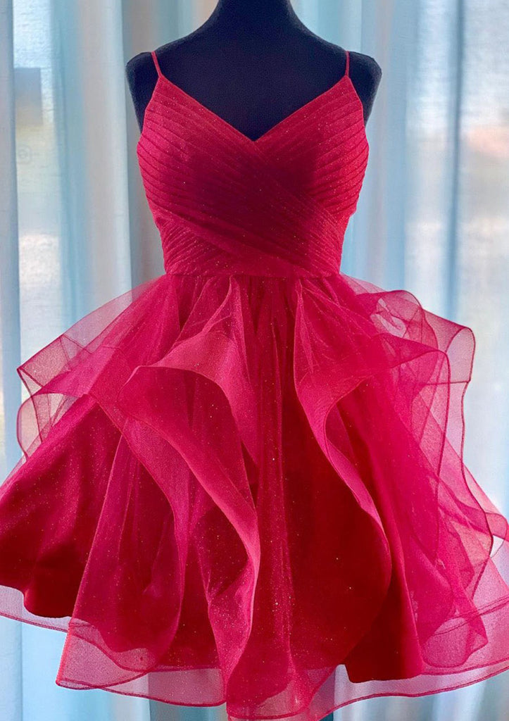 A-line V Neck Ruffles Short Mini Tulle Homecoming Dress, Glitter Pleat - Princessly A-line V Neck Ruffles Short Mini Tulle Homecoming Dress, Glitter Pleat - Princessly
