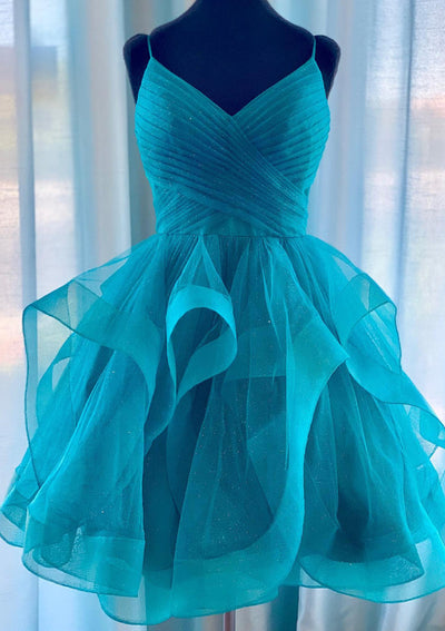 Mini robe de soirée en tulle, coupe trapèze, col en V, volants, courte, plissée à paillettes