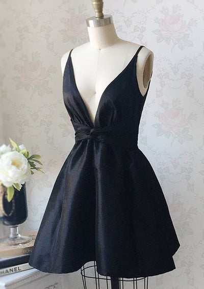 Mini vestido de fiesta corto de tafetán negro con espalda en V, escote en V, sin mangas