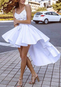 Белое атласное асимметричное платье для выпускного вечера без рукавов в форме сердца, кружево