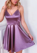 A-line V Neck Sleeveless Strappy Back Charmeuse Short Mini Homecoming Dress