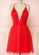 A-line Plunging Sleeveless Cross Back Red Tulle Short Mini Homecoming Dress, Pleated