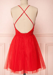 A-line Plunging Sleeveless Cross Back Red Tulle Short Mini Homecoming Dress, Pleated