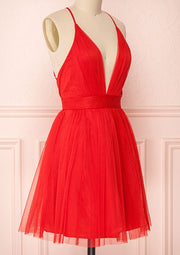 A-line Plunging Sleeveless Cross Back Red Tulle Short Mini Homecoming Dress, Pleated