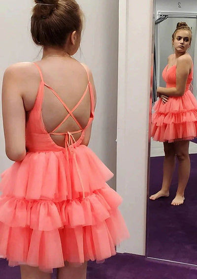 A-line V Neck Sleeveless Tulle Short Mini Homecoming Dress, Pleated Ruffles