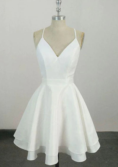 A-line V Neck Sleeveless Ivory Satin Short Mini Homecoming Dress, Lace