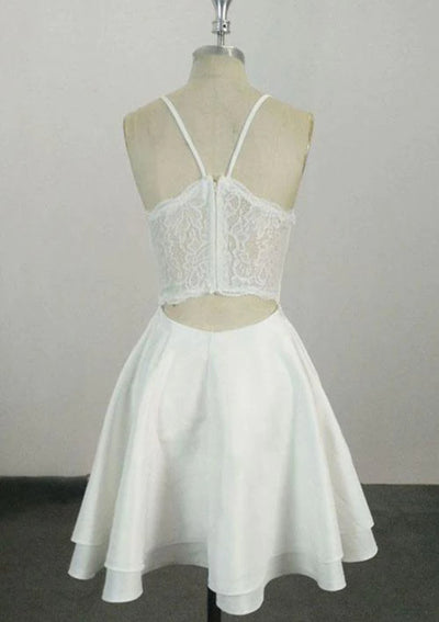 A-line V Neck Sleeveless Ivory Satin Short Mini Homecoming Dress, Lace