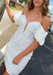 Sheath Sweetheart Off Shoulder Short Sleeve Sequined Short Mini Homecoming Dress