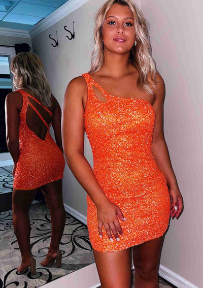 Sheath One-Shoulder Sleeveless Sequined Short Mini Homecoming Dress, Cutouts