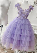 Vestido linha A com decote transparente em camadas tutu lavanda tule comprimento chá vestido de baile, renda floral