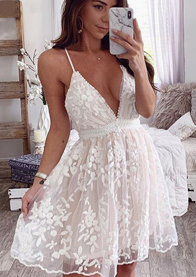 A-line V Neck Sleeveless Cross Back Ivory Lace Short Mini Homecoming Dress