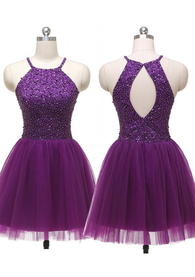 A-line Halter Sleeveless Tulle Short Mini Homecoming Dress, Beading Pleated Sequins