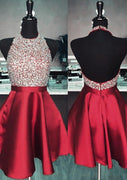 A-line Halter Sleeveless Burgundy Satin Short Mini Homecoming Dress, Beading Sequins