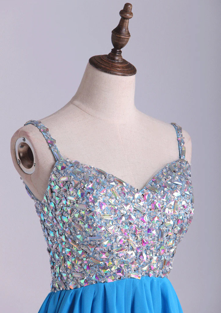 Mini vestido de baile curto de chiffon sem mangas com corte A, cristal com miçangas