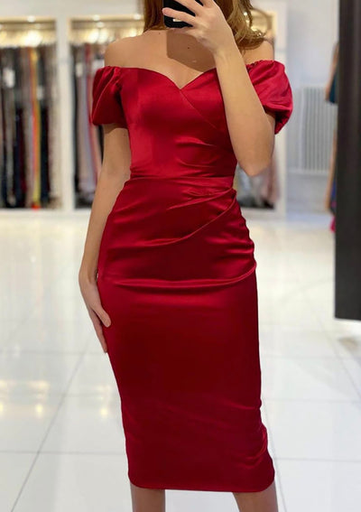 Платье-футляр с открытыми плечами и короткими рукавами в форме чая, бордовое атласное платье для выпускного вечера
