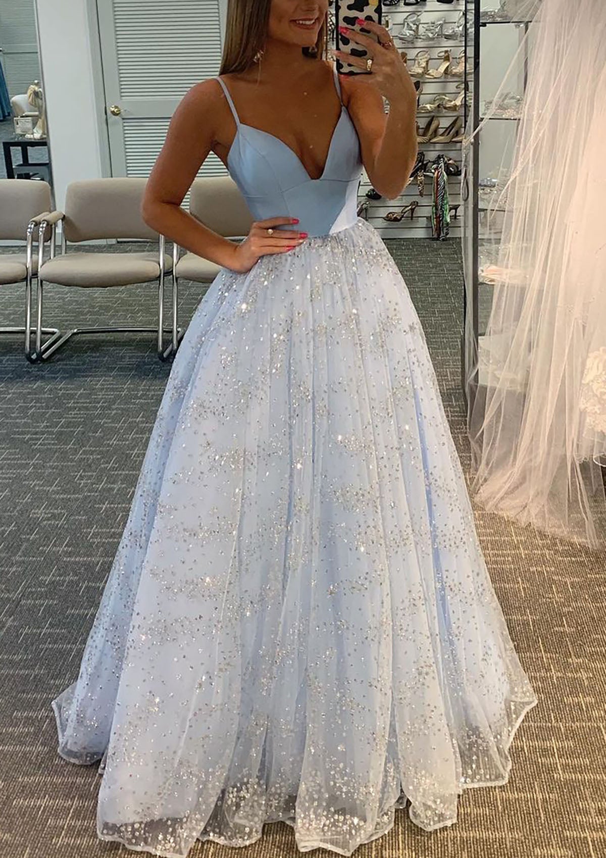 Princess A-line V-neck Sleeveless Tulle Satin Sweep Train Prom Dress, Glitter Princess A-line V-neck Sleeveless Tulle Satin Sweep Train Prom Dress, Glitter