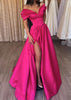 A-Linie Off-Shoulder Kurzarm Fuchsia Satin Bodenlanges Abschlussballkleid, Rüschen Schlitz