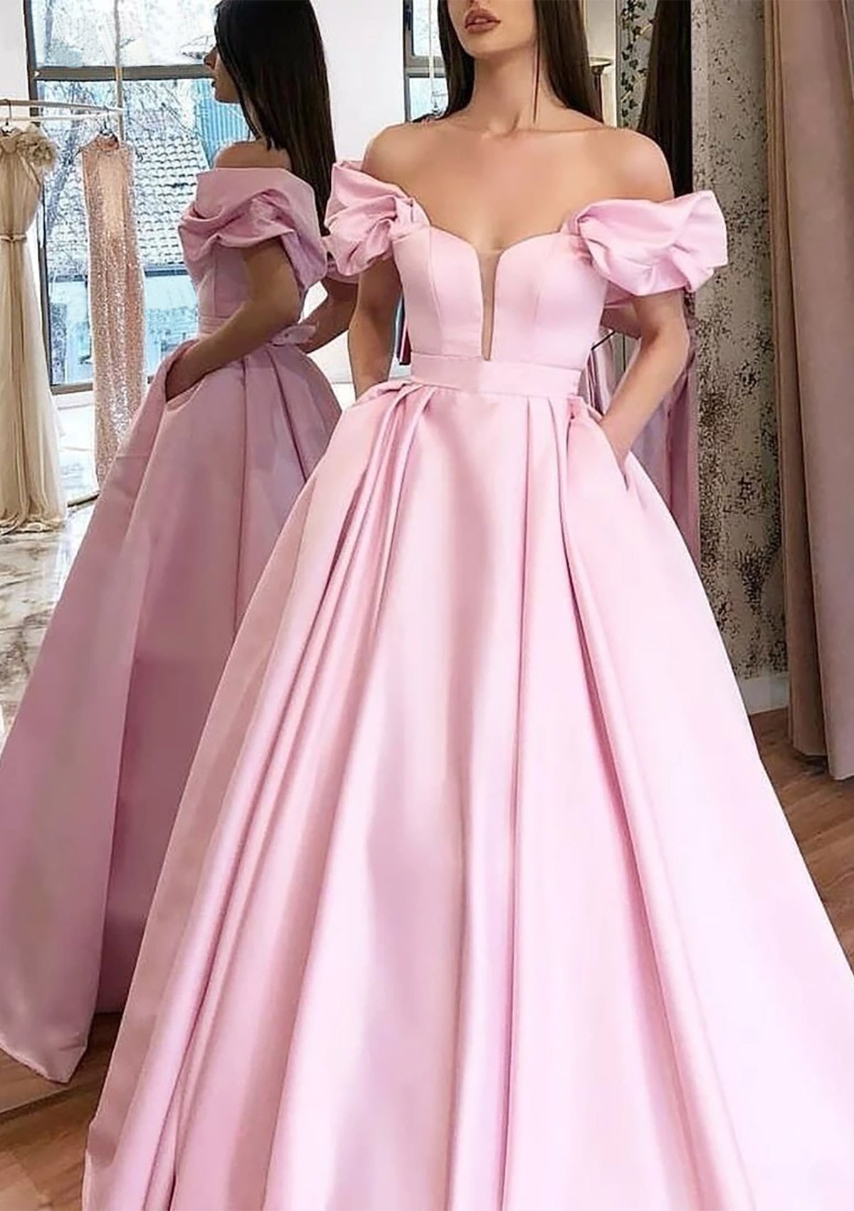 Princess Off Shoulder Plunging Puff Sleeve Pink Satin Prom Dress, Pleated Pockets Princess Off Shoulder Plunging Puff Sleeve Pink Satin Prom Dress, Pleated Pockets