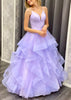 Vestido de Promenade em Tule Lilás, Comprimento de Chão, Alças Finas em V, com Rendas de Cabelo de Cavalo