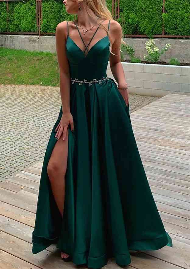 forest green dress prom A-line V Neck Sleeveless Dark Satin Split Long Dress, Pockets Waistband Size:40B Shein Try On Haul formal weddings Product Group: 3053