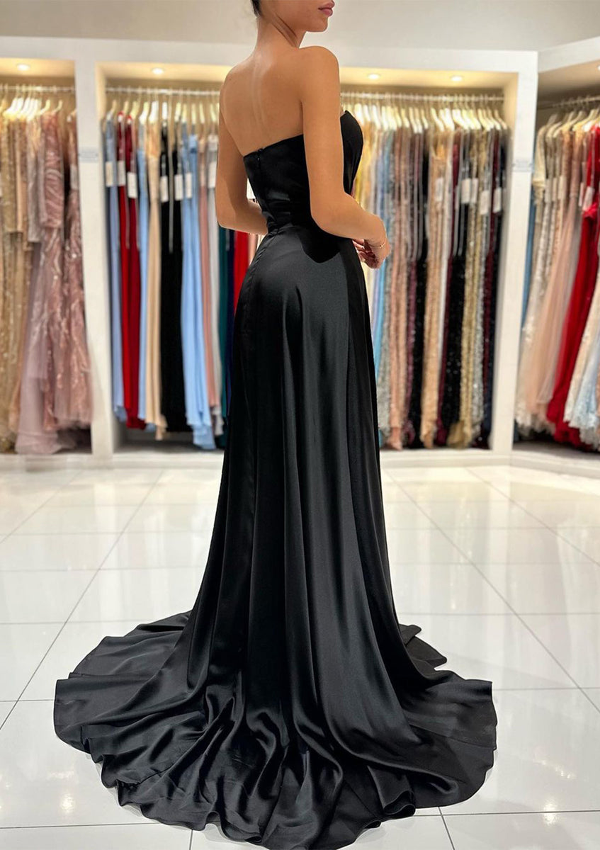 A-line Sweetheart Strapless Sweep Train Charmeuse Long Prom Dress, Ple ...