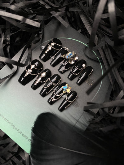 Black Queen Manicura Coffin Diamond Uñas postizas usables largas a presión