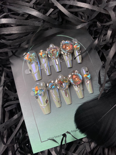 Earthbound Ange - Uñas largas y reutilizables con cristales coloridos y diamantes de imitación