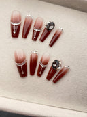 Нежные винно-красные многоразовые стразы, длинные носимые ногти