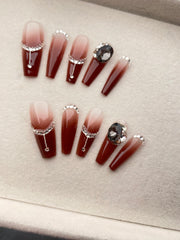 Gentle Wine Red Reusable Rhinestones Long Wearable Nails