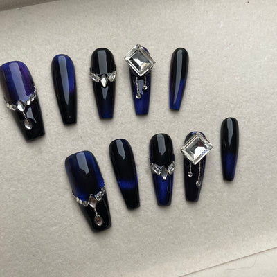 Unghie finte lunghe indossabili per manicure con diamanti Royal Blue Lakebottom