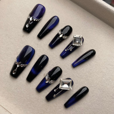 Royal Blue Lakebottom Diamond Manicure Wearable Long False Nails